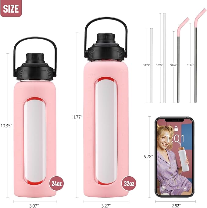 Kodrine Water Bottle with Straw, 24 oz Glass water Bottle with 2 Lids Bamboo Straw Lid and Spout Lid with Handle, 32 oz Clear Water Bottle Glass for Sports Travel, Waterbottle with Time Marker-FlexoryFit