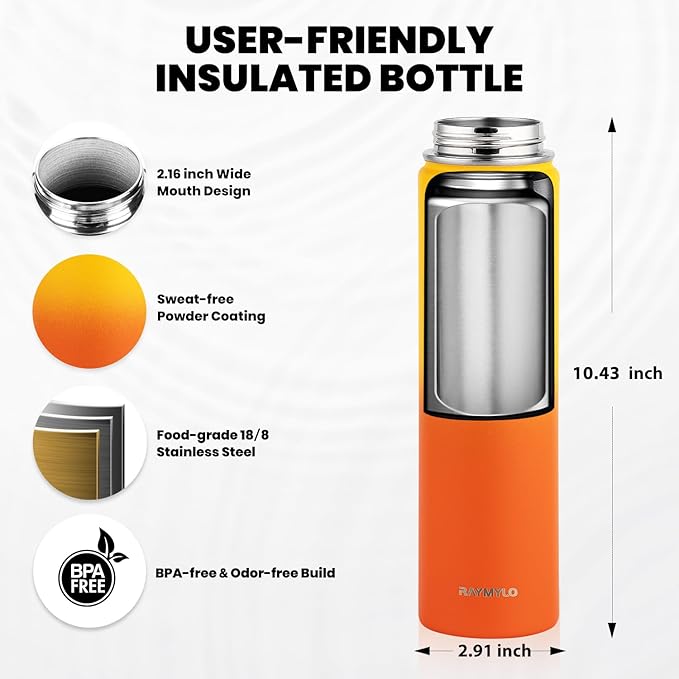 Insulated Water Bottle 24oz, Triple Wall Vacuum Stainless Steel (Cold for 48 Hrs, Hot for 24Hrs), Leak Proof & Non-BPA, 24oz Hydro Water Flask with Paracord Handle & Straw Spout Lids-FlexoryFit