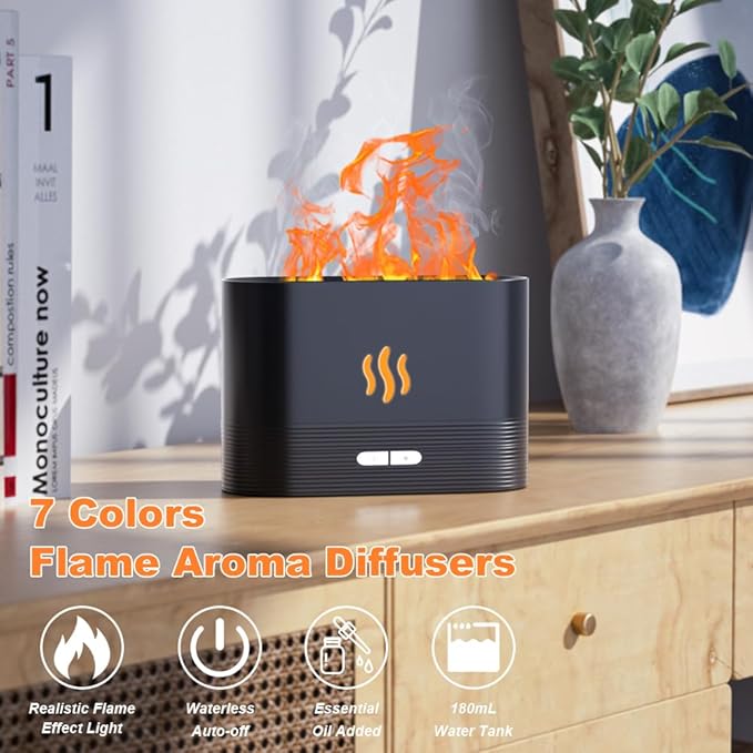 Colorful Flame Aroma Diffuser, Flame Diffuser Humidifier with 7 Changing Colors, 180ml Aromatherapy Diffuser with Waterless Auto-Off Protection for Spa Home Yoga Office Bedroom