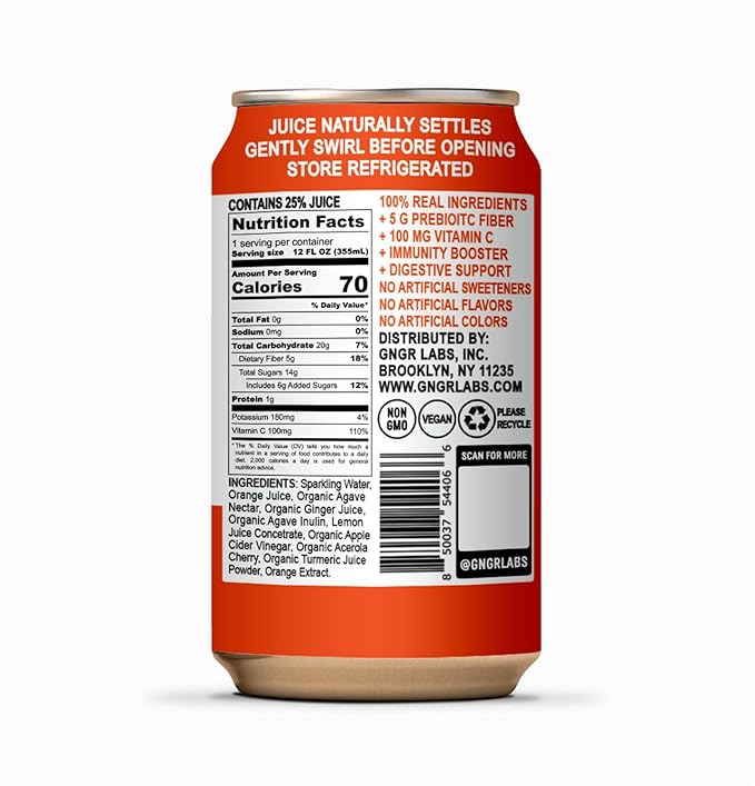 '+GNGR Sparkling Vitamin C Prebiotic Drink - Caffeine free - 5g Prebiotic Fiber - Orange Juice - Ginger Juice - Turmeric - Acerola - Apple Cider Vinegar - Prebiotic Soda - Immunity (12 oz - 12 Pack)-FlexoryFit