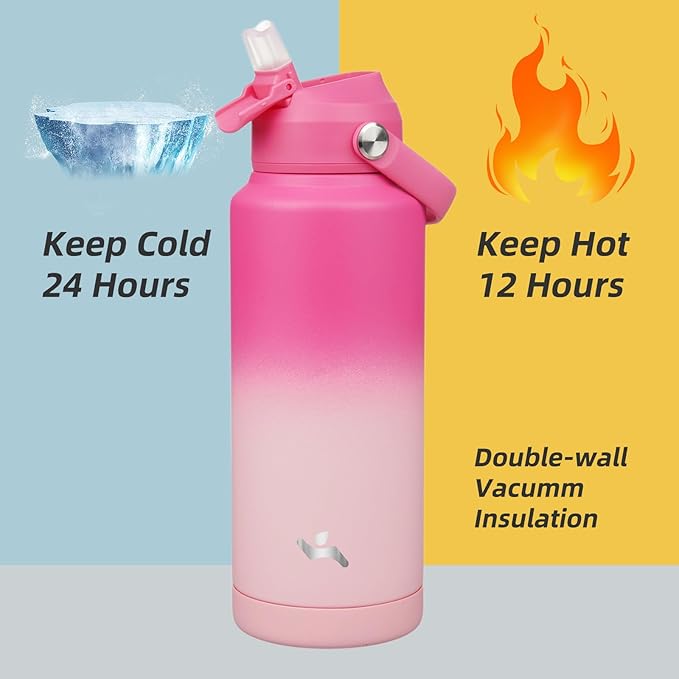 Insulated Water Bottle with Straw Lid,32 oz Stainless Steel Vacuum Metal Bottle with Silicone Handle,Cherry Blossom-FlexoryFit