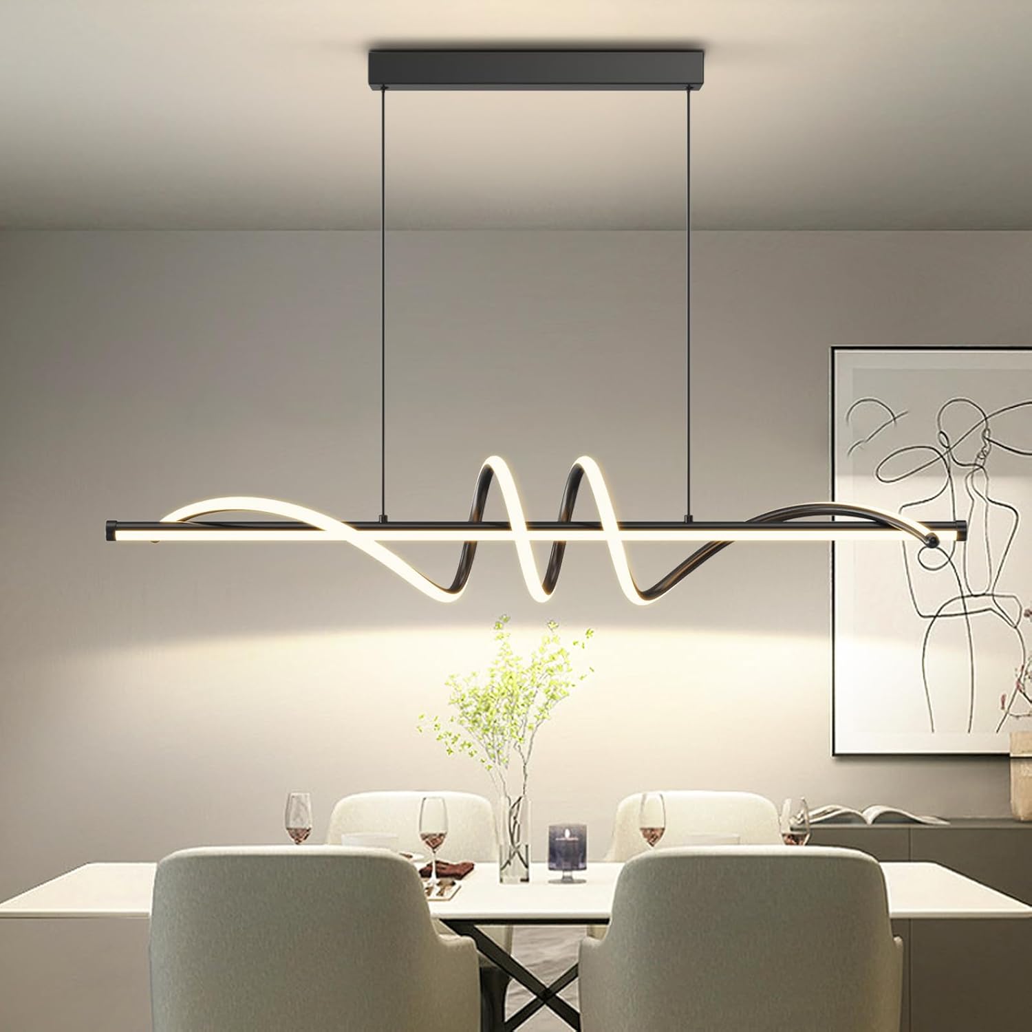 Modern LED Pendant Lights, Ceiling Chandelier Dimmable with Remote Control 3000k-6000K Adjustable Color Temperature, Aluminum Island Lighting Lamp Fixture for Kitchen, Dining Room(47in Black)
