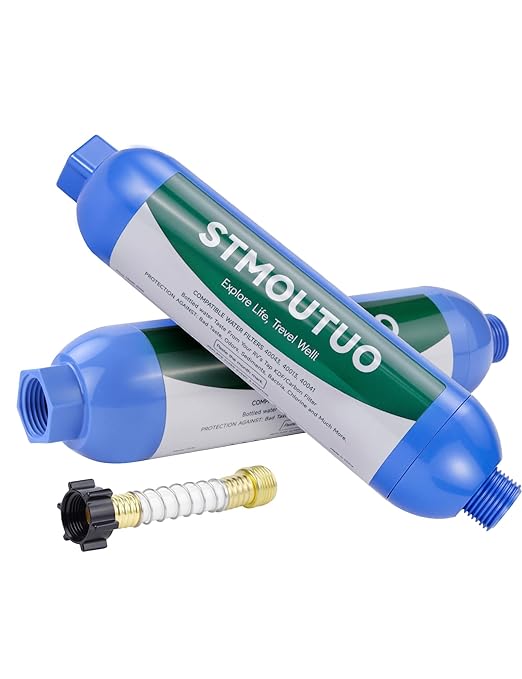 RV Water Filter with Flexible Hose Protector - Greatly Reduces Bad Taste, Chlorine, Odor, Rust & Sediment - Inline Water Hose Filter for RV Camper, Boat, Garden & Pool - 2 Pack