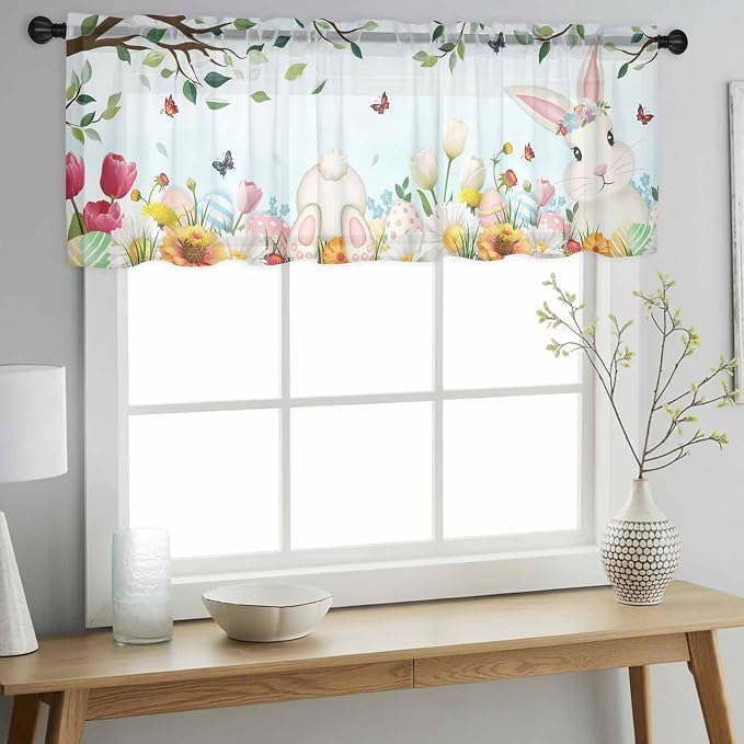 Easter Sheer Valances for Windows 60"x18", Light Filtering Kitchen Curtains - Image 2