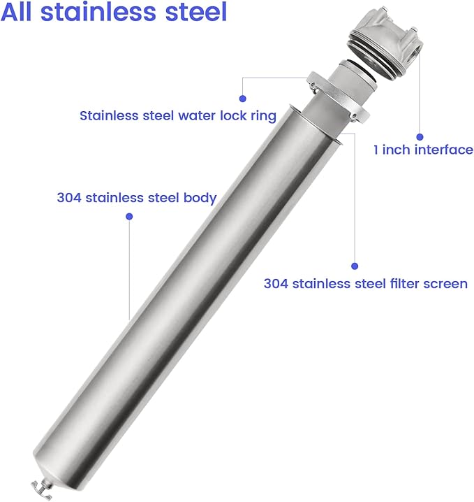 Amwater NSF/ANSI 42 Stainless Steel Whole House Water Filter Housing, 20" x 2.5" Sediment Water Filter System for Heavy Duty, Well & City Water, 3/4" NPT Port, Drain Valve Style A