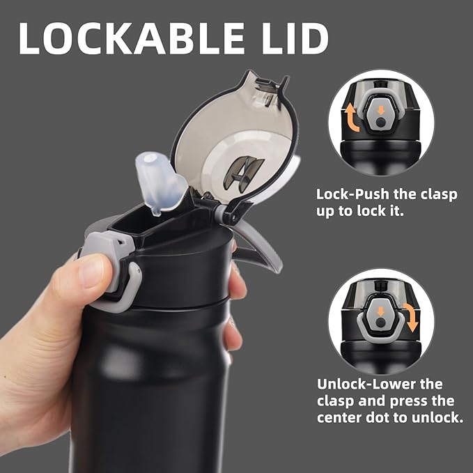 Insulated Water Bottle with Straw and Carry Loop,18 oz Stainless Steel Double Wall Vaccum Metal Water Flask with Leak-proof Lid,Black-FlexoryFit