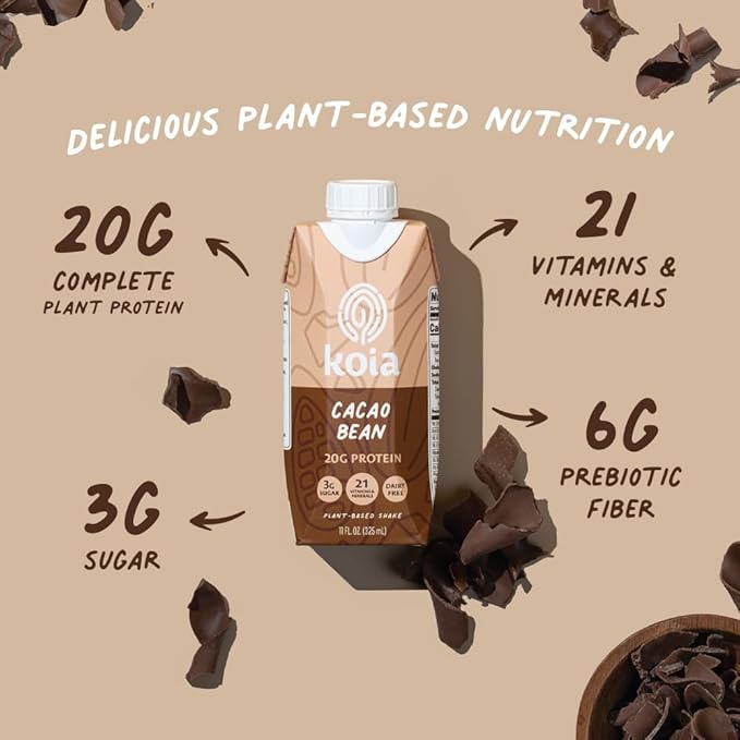 Koia Plant Based Protein Shake, Cacao Bean, 20g Protein, 3g Sugar, 6g Prebiotic Fiber, 21 Vitamins & Minerals, Meal Replacement Drinks, Dairy-Free, Gluten-Free, Non-GMO, 11 Fl Oz (Pack of 12)-FlexoryFit