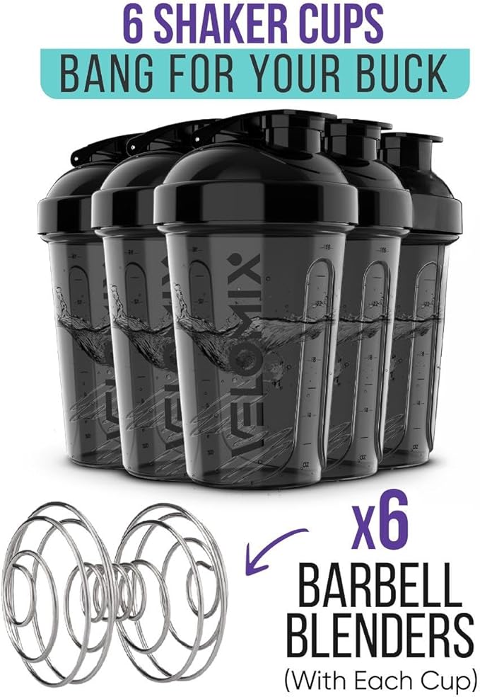 '-6 PACK- Shaker Cups for Protein Shakes 20 oz - 6x Wire Whisk | Leak Proof Protein Shaker Bottle for Protein Shakes, Shaker Bottle Pack for Pre & Post Workout, Shaker Cup (ALL IN BLACK)-FlexoryFit