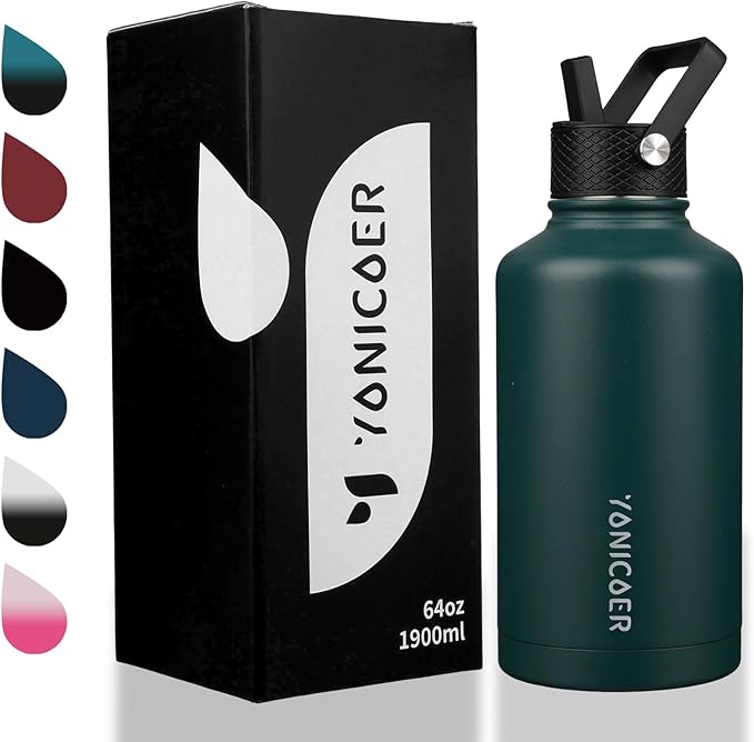 Insulated Water Bottle 64oz,Triple Wall Vacuum Stainless Steel(Dishwasher Safe),Leak Proof & Non-BPA,Flask Jug with Paracord Handle & Straw Spout Lids Sports-FlexoryFit