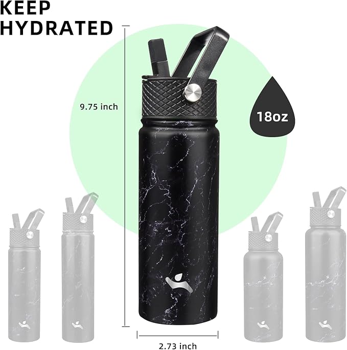 18 oz Insulated Water Bottle Stainless Steel Sport Bottles with 3 Lids,Marble Midnight-FlexoryFit
