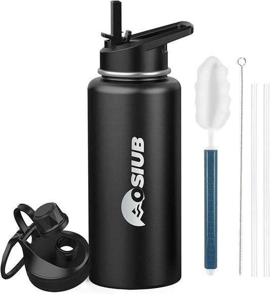 Insulated Water Bottle 32 oz, Triple Wall Vacuum Stainless Steel(Cold for 48 Hrs),Leak Proof & BPA-Free,Simple Modern Water Bottle with Drink-Through Lid & Flip Straw for Sports & Travel, Black-FlexoryFit