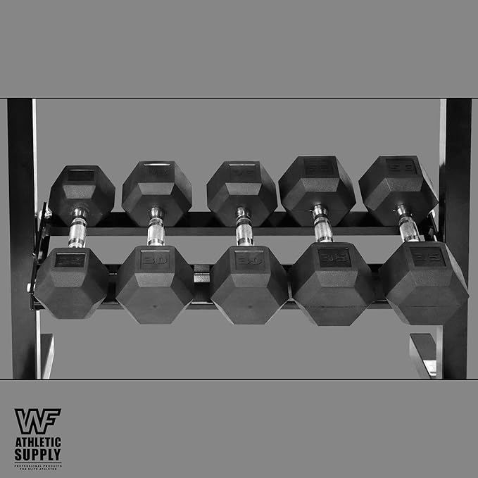 WF Athletic Supply Rubber Coated Hex Dumbbell Set with Two Tier Premium Storage Rack Built for Strength Building, Weight Loss & Home Gym – Multiple Sets Available-FlexoryFit