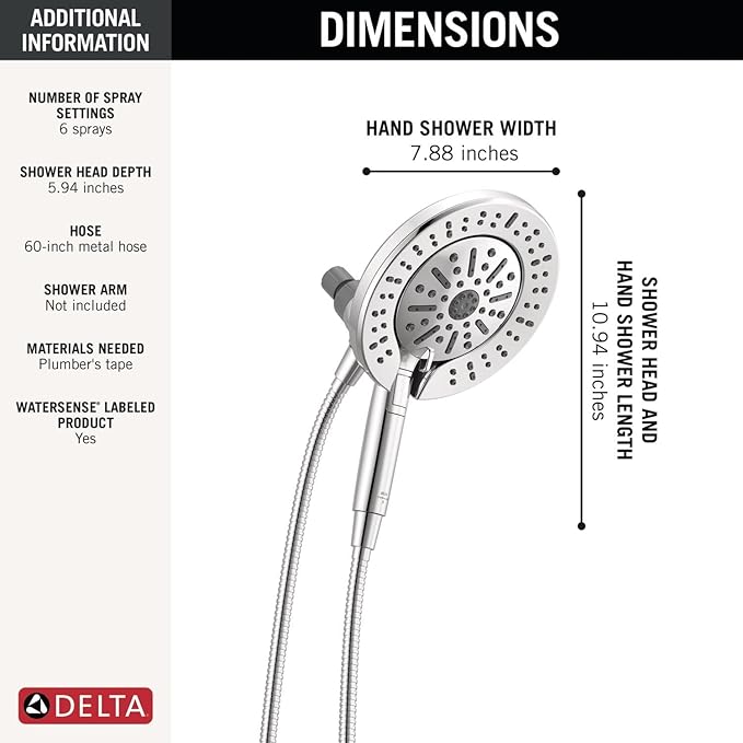 Delta 6-Setting In2ition 2-in-1 Dual Shower Head with Handheld High Pressure ProClean Spray, Chrome Detachable Shower Head with Hose, 1.75 GPM Flow Rate, Chrome 75655