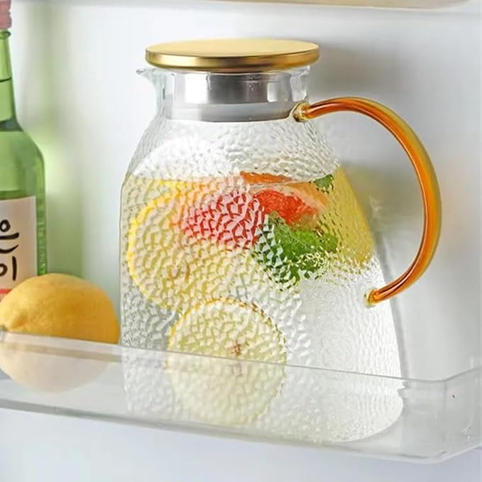 1.5L Glass Pitcher with Stainless Steel Gold Lid - Ideal Fridge Door Water Pitcher for Hot or Cold Beverage, Iced Tea, Juice, Milk, Coffee, Lemonade