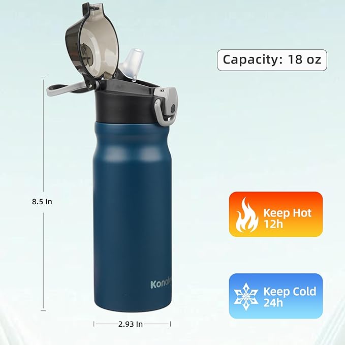 Insulated Water Bottle with Straw and Carry Loop,18 oz Stainless Steel Double Wall Vaccum Metal Water Flask with Leak-proof Lid,Navy blue-FlexoryFit