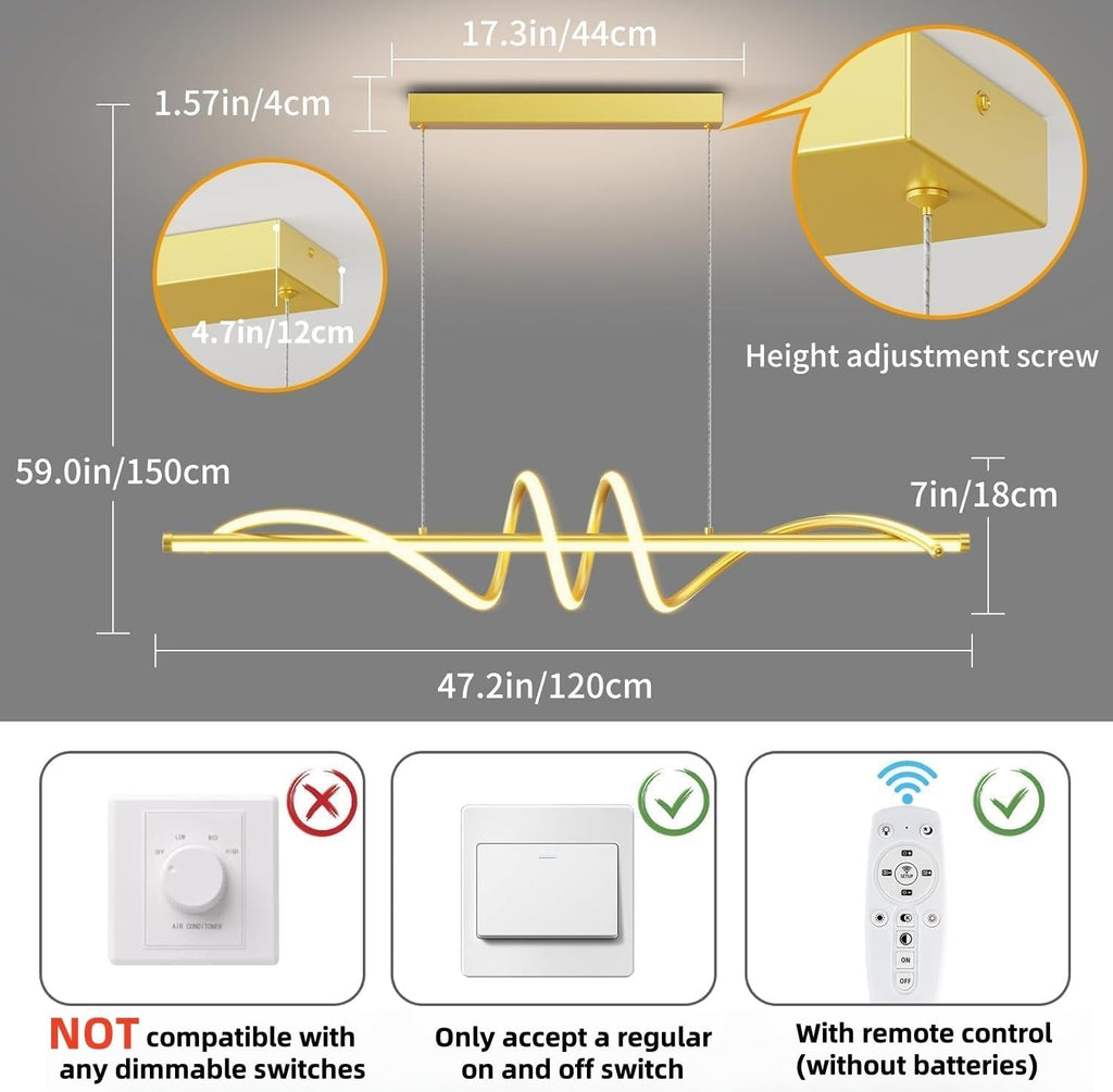 Modern LED Pendant Lights, Ceiling Chandelier Dimmable with Remote Control 3000k-6000K Adjustable Color Temperature, Aluminum Island Lighting Lamp Fixture for Kitchen, Dining Room(47in Gold)