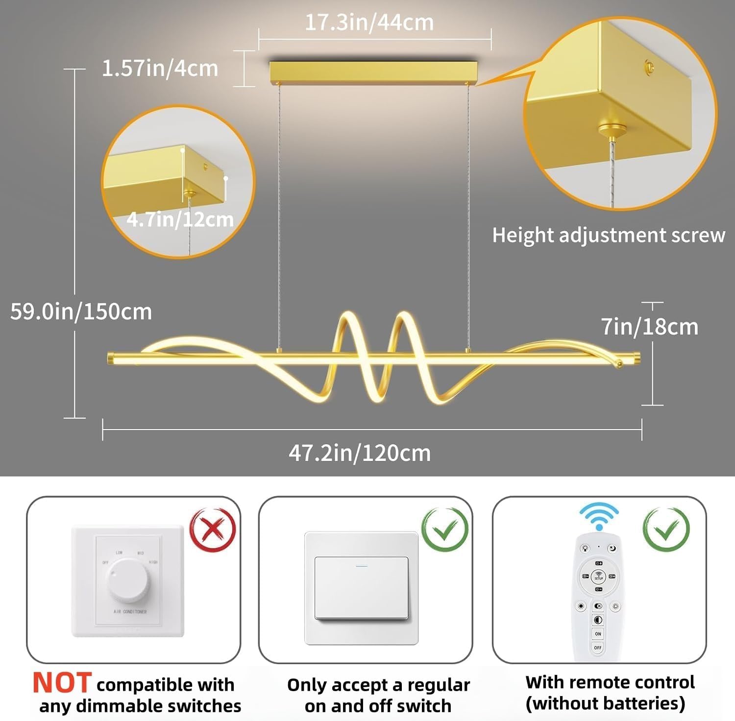 Modern LED Pendant Lights, Ceiling Chandelier Dimmable with Remote Control 3000k-6000K Adjustable Color Temperature, Aluminum Island Lighting Lamp Fixture for Kitchen, Dining Room(47in Gold)