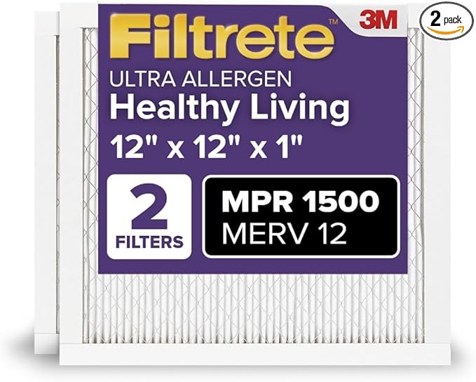 Filtrete 12x12x1 AC Furnace Air Filter, MERV 12, MPR 1500, CERTIFIED asthma & allergy friendly, 3 Month Pleated 1-Inch Electrostatic Air Cleaning Filter, 2-Pack (Actual Size 11.81x11.81x0.78 in)