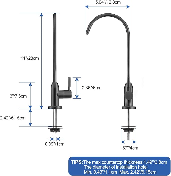 Drinking Water Faucet - Long Thread Stem Filtered Water Tap for Thick Countertop,Lead-Free RO Faucet with Hose and Push Connect Fittings(Matte Black)