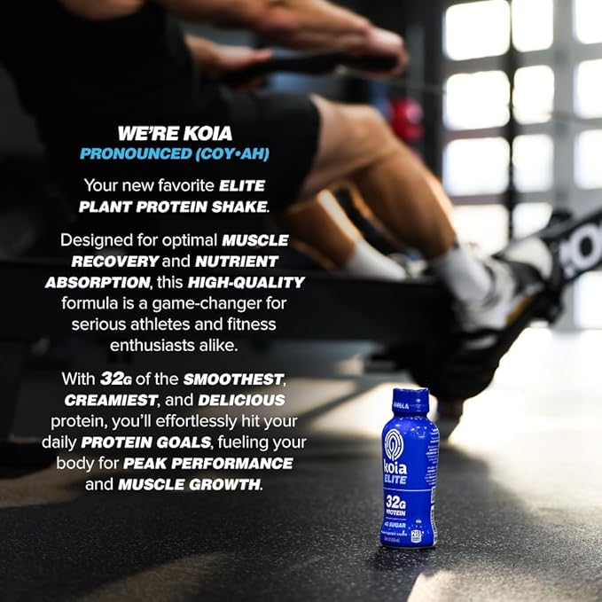 Koia Elite Plant Based Protein Shake, Vanilla, 32g Protein, 4g Sugar, 6g Prebiotic Fiber, Pre & Post Workout Nutritional Drink, No Seed Oils, Dairy-Free, Gluten-Free, Non-GMO, 12 Fl Oz (Pack of 12)-FlexoryFit