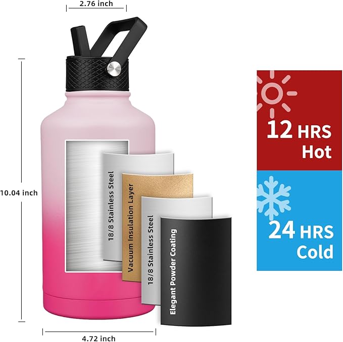 Insulated Water Bottle 64oz,Triple Wall Vacuum Stainless Steel(Dishwasher Safe),Leak Proof & Non-BPA,Flask Jug with Paracord Handle & Straw Spout Lids Sports-FlexoryFit