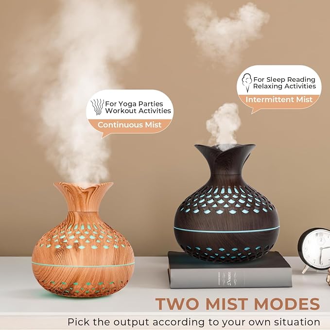 Portable Mini Humidifier, 300ml Small Humidifiers Wooden Vase Flower Aroma Diffuser, Quiet Cool Mist Humidification for Baby Bedroom Travel Office, USB Powered, Colorful Light, Lightwood