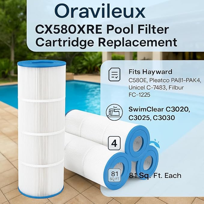 C3030 Pool Filter Cartridge Replacement | Fits Hayward CX580XRE C580E, Pleatco PA81-PAK4, Unicel C-7483, Filbur FC-1225 | SwimClear C3020, C3025, C3030 | 4-Pack | 325 Sq. Ft