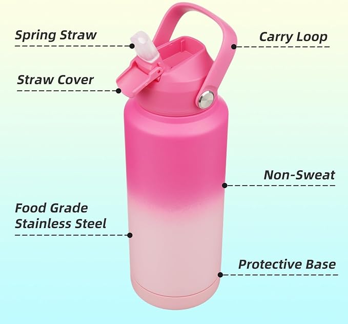Insulated Water Bottle with Straw Lid,32 oz Stainless Steel Vacuum Metal Bottle with Silicone Handle,Cherry Blossom-FlexoryFit