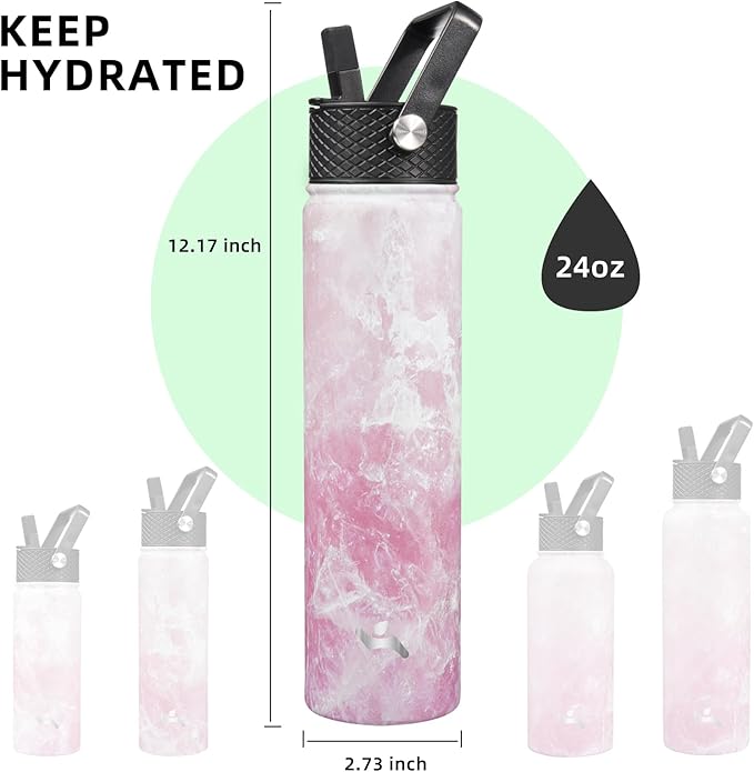 Insulated Water Bottle 24oz Stainless Steel Sport Bottles with 3 Lids,Marble Blossom-FlexoryFit