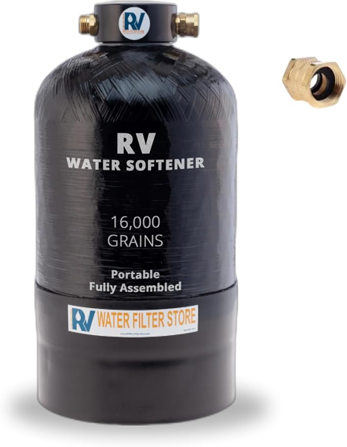 Essential RV Water Softener Portable 16,000 Grain w/o Custom Hose, Long Lasting for RVers Vanlife, 3/4" Fittings, Softens Hard Water When Traveling or Mobile Spot Reducing Car Washing