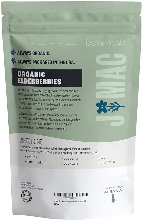 J Mac Botanicals Certified USDA - 100% Organic Dried Elderberries - 1lb Bulk - Non-Irradiated, Non-GMO, Whole Black Elderberry Immune Support - Raw Vegan Sambucus 1 Pound-FlexoryFit