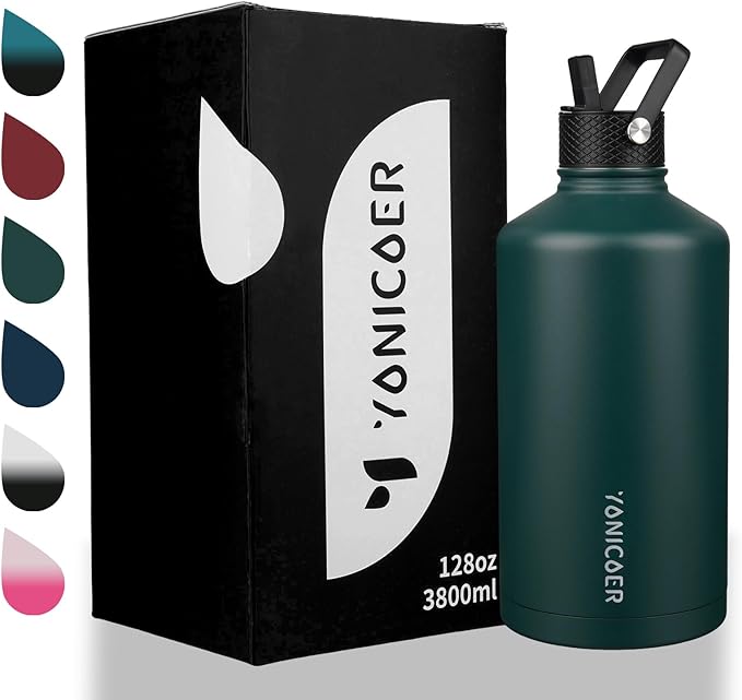 Insulated Water Bottle 64oz,Triple Wall Vacuum Stainless Steel(Dishwasher Safe),Leak Proof & Non-BPA,Flask Jug with Paracord Handle & Straw Spout Lids Sports-FlexoryFit