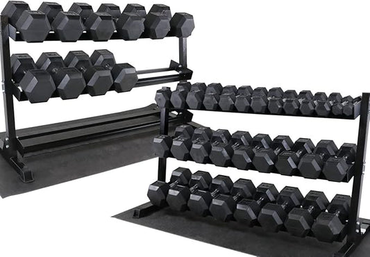 WF Athletic Supply Rubber Coated Hex Dumbbell Set, Multiple Choices Available - Dumbbells with Rack Stand and Mat, or Dumbbells Only (200/550/1200/2100/3000 LB)-FlexoryFit