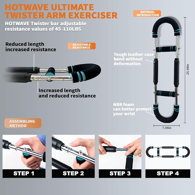 HOTWAVE Twister Arm Exerciser,Adjustable Spring Workout Bar, Forearm Triceps Chest Enhanced Exercise Strengthener,Portable Home Fitness Equipment-FlexoryFit