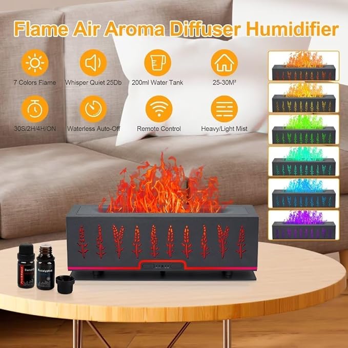 Colorful Essential Oil Diffuser, Flame Oil Diffuser, 7 Colors Changing Oil Aromatherapy Diffuser, 200ml Cool Mist Ultrasonic Diffuser for Office, Home,Bedroom (Black)