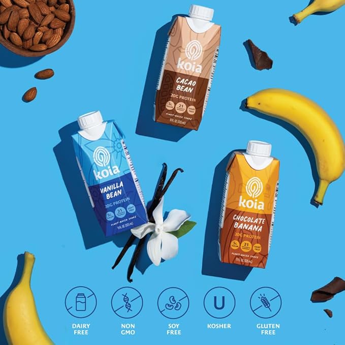 Koia Plant Based Protein Shake, Vanilla Bean, 20g Protein, 3g Sugar, 6g Prebiotic Fiber, 21 Vitamins & Minerals, Meal Replacement Drinks, Dairy-Free, Gluten-Free, Non-GMO, 11 Fl Oz (Pack of 18)-FlexoryFit