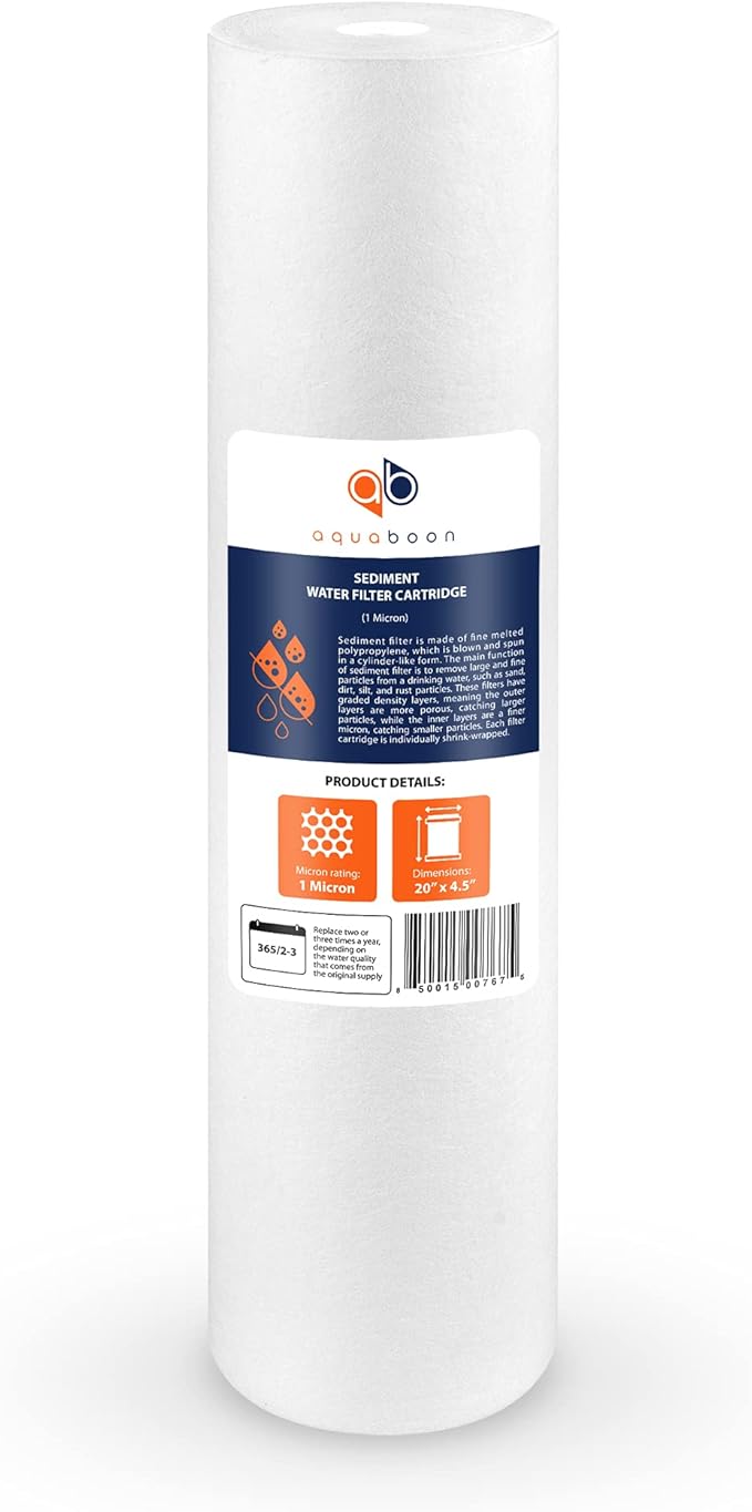 Aquaboon 1 Micron 20" Sediment Water Filter Replacement Cartridge | Whole House Sediment Filtration | Compatible with AP810-2, SDC-45-2005, FPMB5-20, P5-20, FP25B, 155358-43, 2 Pack