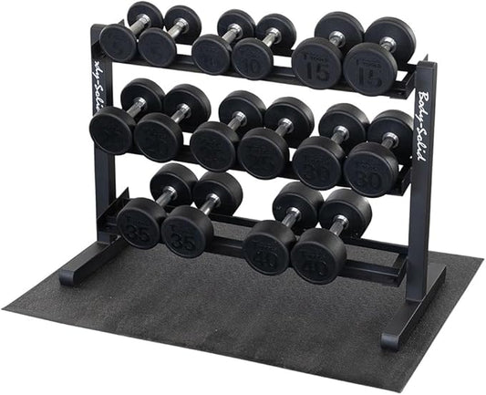 Body-Solid (GDR363-SDP) Round Rubber Dumbbell Set with Rack and Floor Mat, Includes 5-40 lb Dumbell Pairs with Chrome-Plated Handles, Commercial and Home Gym Weight Holder for Dumbbells-FlexoryFit