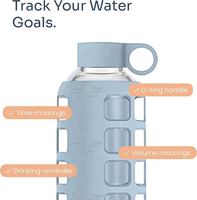 purifyou 40oz / 32oz / 22oz / 12oz Borosilicate Glass Water Bottle with Time & Volume Markers, Silicone Sleeve, Stainless Steel Lid | Reusable Glass Bottle for Water & Juice (22oz Ice Blue)