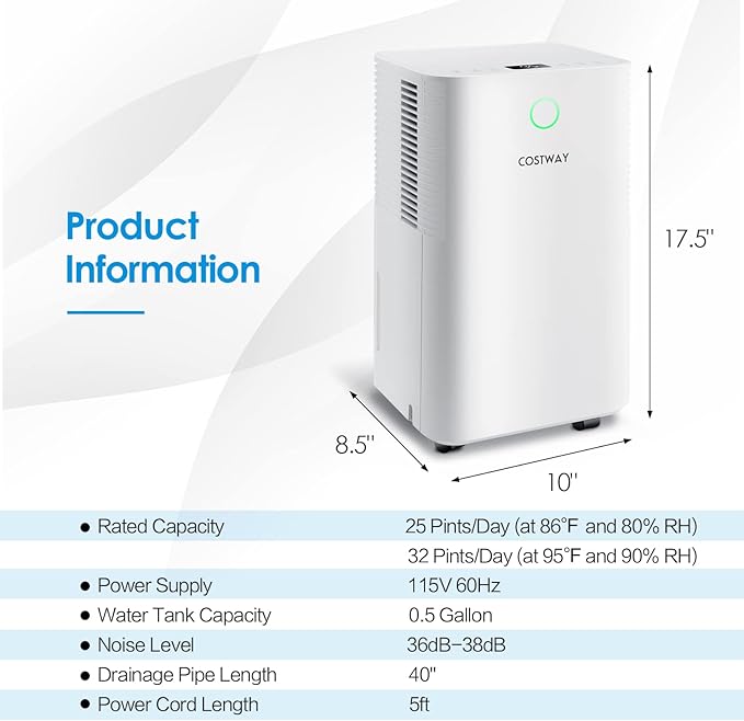 COSTWAY 2,000 Sq. Ft Dehumidifier for Home, 32 Pint Dehumidifier with 3 Modes, 2 Speeds, LED Touch Control Panel, 24H Timer Child Lock & Overflow Protection, Bedroom, Basement