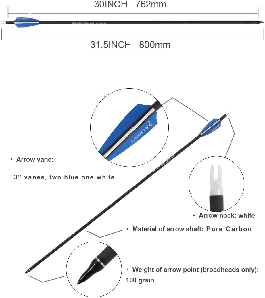 30/32" Inch ST0.006 Hunting Arrows for Compound & Recurve Bow,100% Carbon Archery Target Arrows with Removable Tips for Accurate Hunters & Bowhunters (Pack of 12)