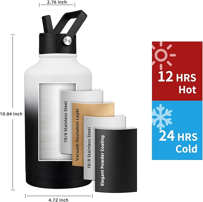 Insulated Water Bottle 64oz,Triple Wall Vacuum Stainless Steel(Dishwasher Safe),Leak Proof & Non-BPA,Flask Jug with Paracord Handle & Straw Spout Lids Sports-FlexoryFit
