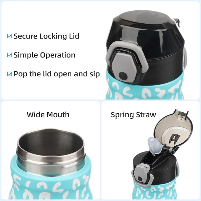 Insulated Water Bottle with Straw and Carry Loop,18 oz Stainless Steel Double Wall Vaccum Metal Water Flask with Leak-proof Lid,Blue Leopard-FlexoryFit