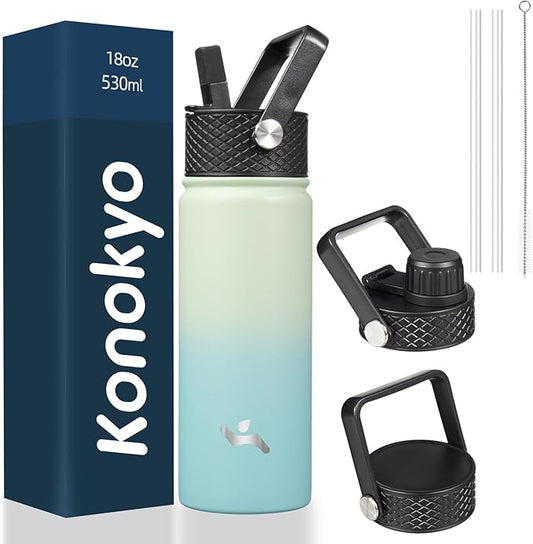 18 oz Insulated Water Bottle Stainless Steel Sport Bottles with 3 Lids,Mint-FlexoryFit
