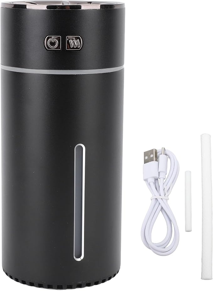 Portable Dual Spray Aromatherapy Diffuser and Humidifier with 300ml Water Tank for Smart Car Air Freshening (Black)