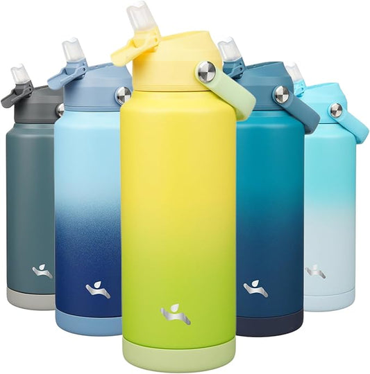 Insulated Water Bottle with Straw Lid,32 oz Stainless Steel Vacuum Metal Bottle with Silicone Handle,Lime-FlexoryFit