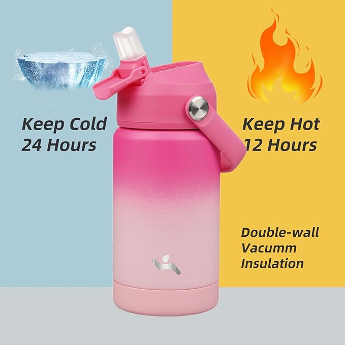 Insulated Water Bottle with Straw Lid,12 oz Stainless Steel Vacuum Metal Bottle with Silicone Handle,Cherry Blossom-FlexoryFit