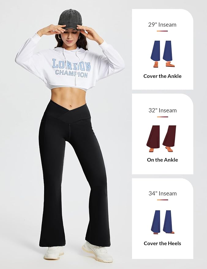baleaf Women's V Crossover Flare Leggings with Pockets Yoga Pants High Waist Casual Workout Gym Bell Bottom Leggings-FlexoryFit