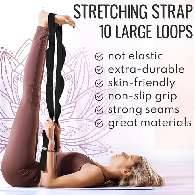 TECEUM Stretching Strap for Yoga & Physical Therapy – 10 Loops – Non-Elastic Leg Stretch Straps for Stretching, Exercising, Pilates, Post-Injury Rehabilitation for All Levels – Men & Women-FlexoryFit