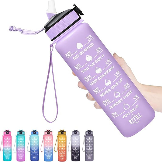 Hyeta 32 oz Water Bottles with Times to Drink and Straw, Motivational Water Bottle with Time Marker, Leakproof, Drinking Sports Water Bottle for Fitness, Gym and Outdoor-FlexoryFit
